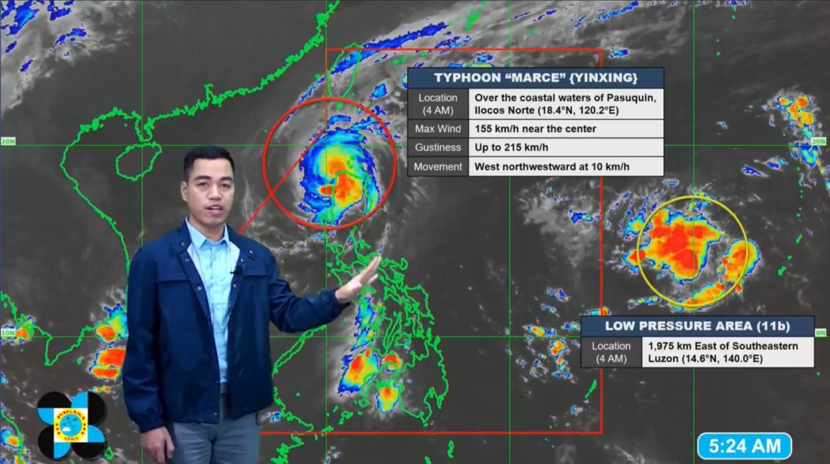 Ipakpakita ni Philippine Atmospheric, Geophysical and Astronomical Services Administration (PAGASA) Weather Specialist Benison Estareja dagiti lokasion ti bagyo a Marce ken ti baro a low-pressure area ita a Nov. 8, 2024. (Screengrab manipud iti PAGASA Facebook page)